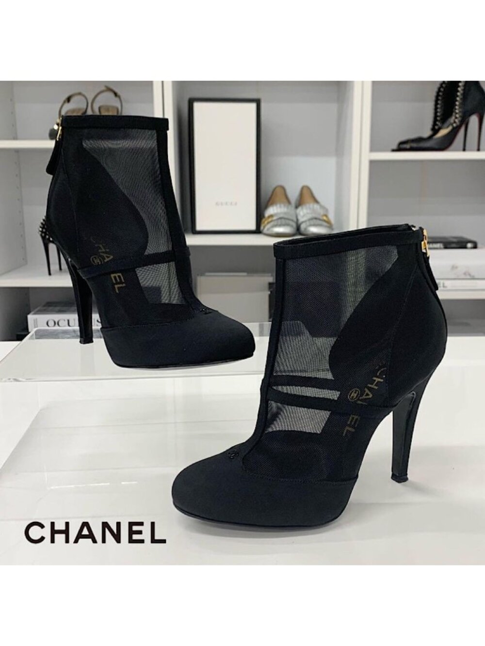 Chanel Mesh Fabric Coco Mark Short Boots Black